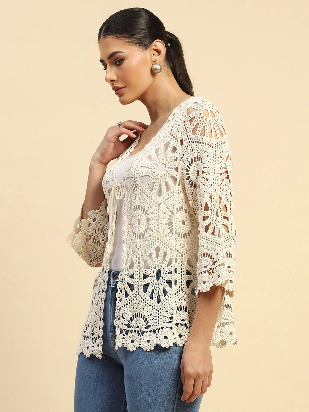Beige Cotton Loose Fit Shrug For Women - Global Republic