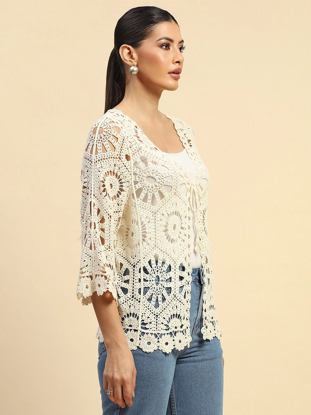 Beige Cotton Loose Fit Shrug For Women - Global Republic
