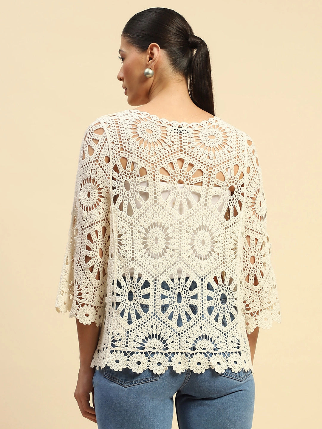 Beige Cotton Loose Fit Shrug For Women - Global Republic