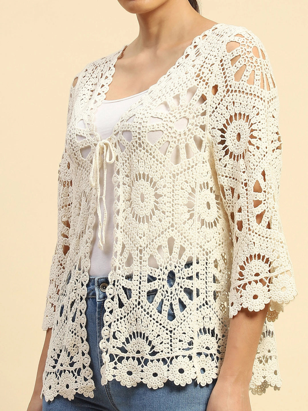 Beige Cotton Loose Fit Shrug For Women - Global Republic