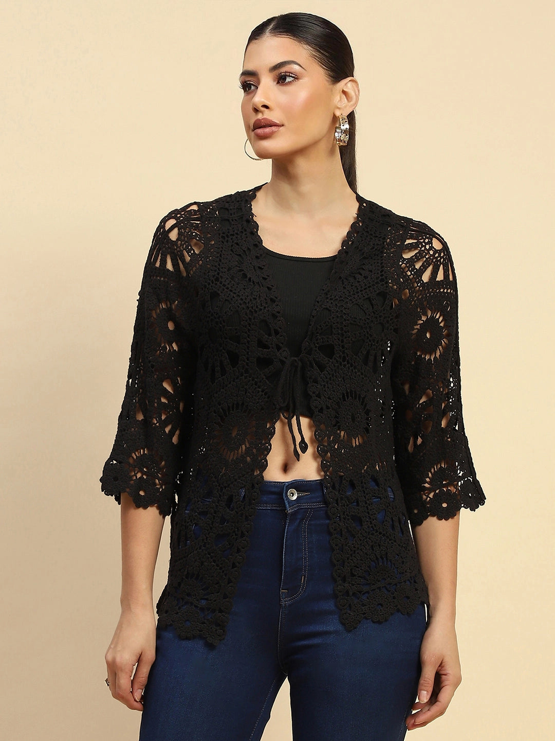 Black Cotton Loose Fit Shrug - Global Republic