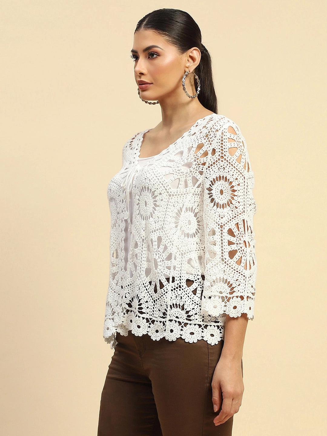 White Cotton Loose Fit Shrug For Women - Global Republic