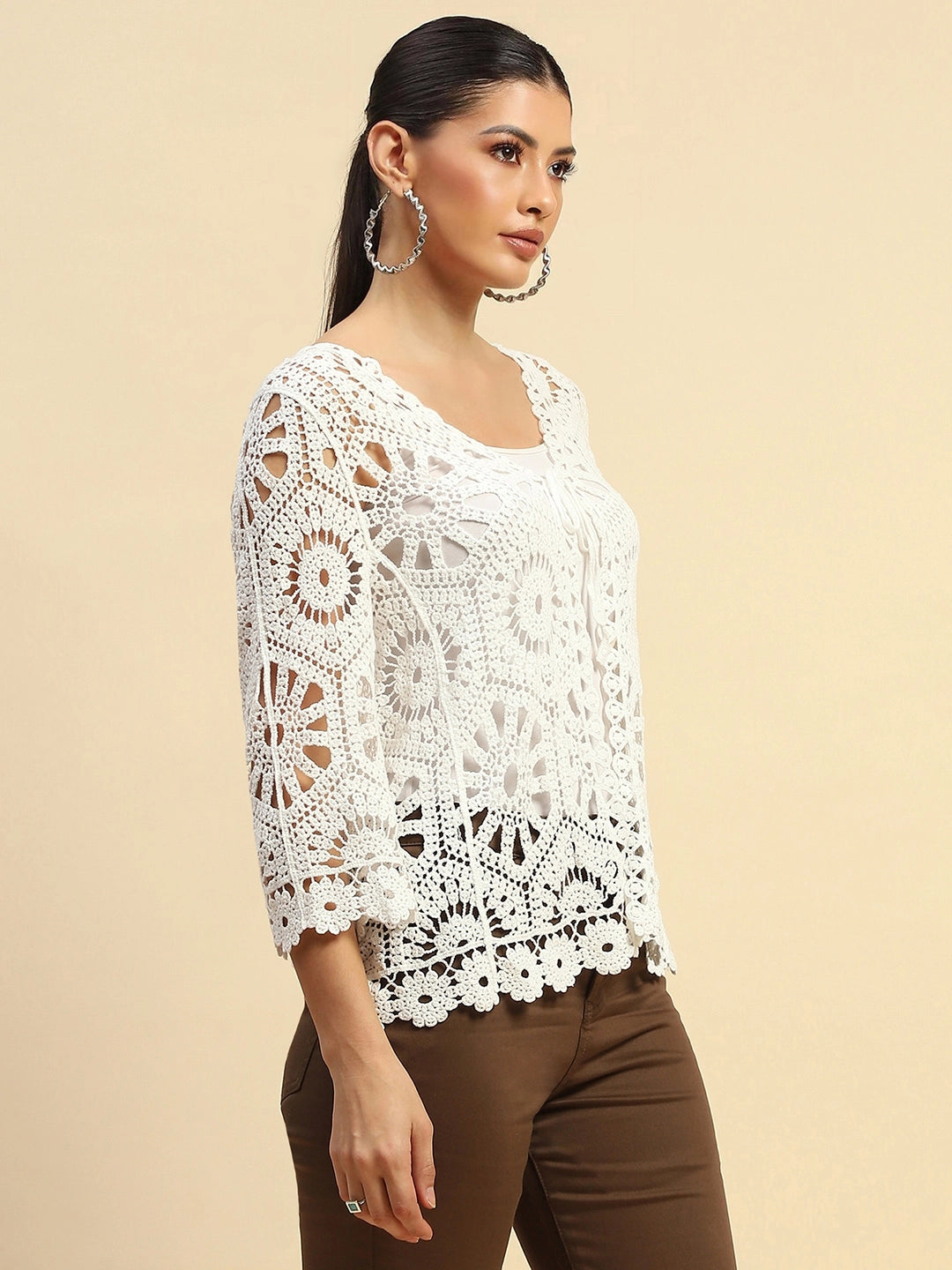 White Cotton Loose Fit Shrug For Women - Global Republic