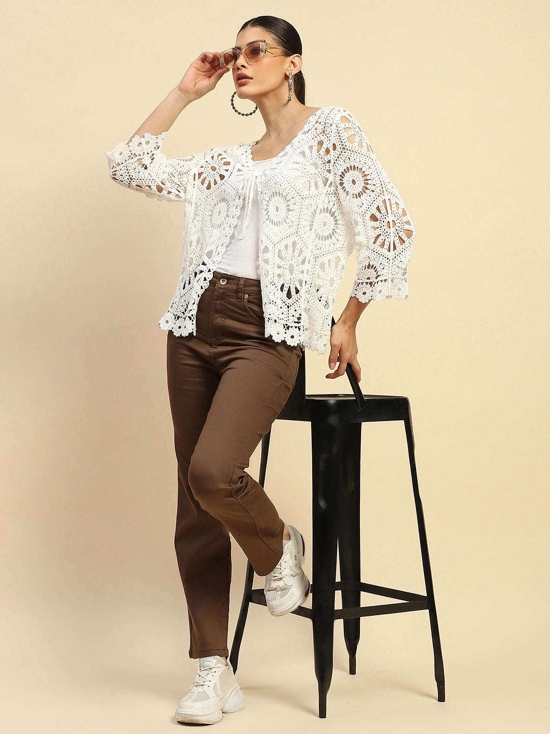 White Cotton Loose Fit Shrug For Women - Global Republic