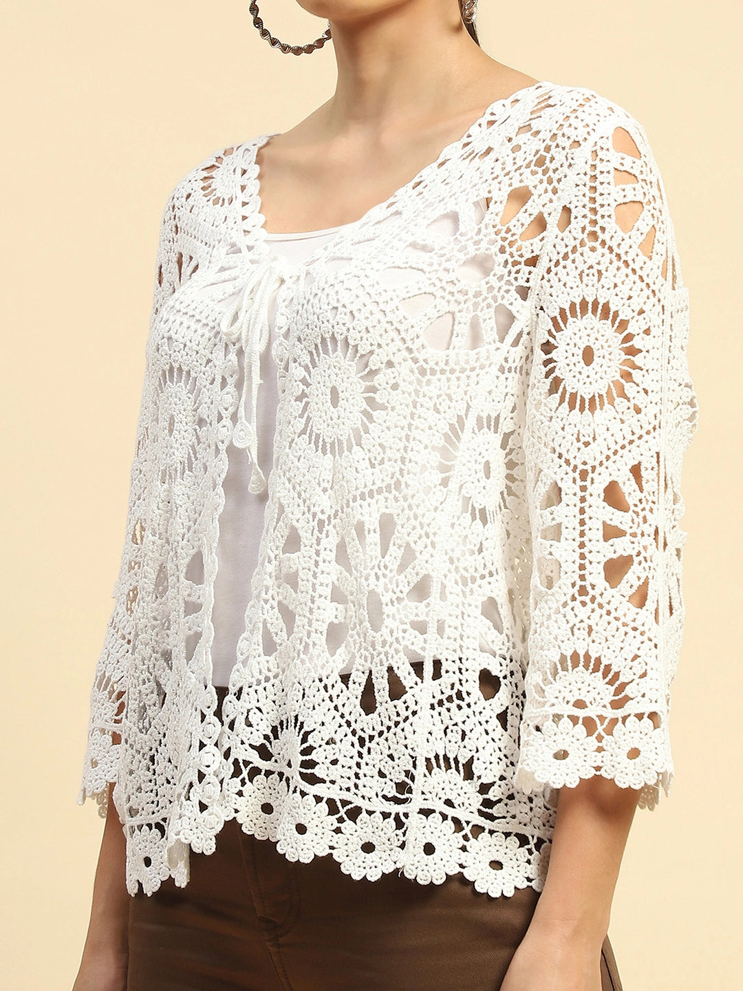 White Cotton Loose Fit Shrug For Women - Global Republic
