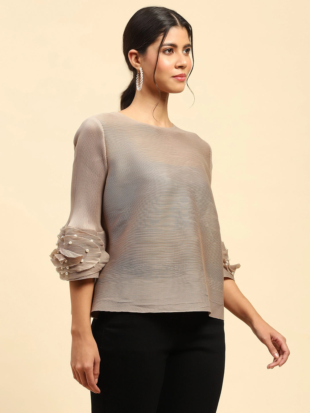 Beige Solid Loose Fit Pleated Blouse - Global Republic