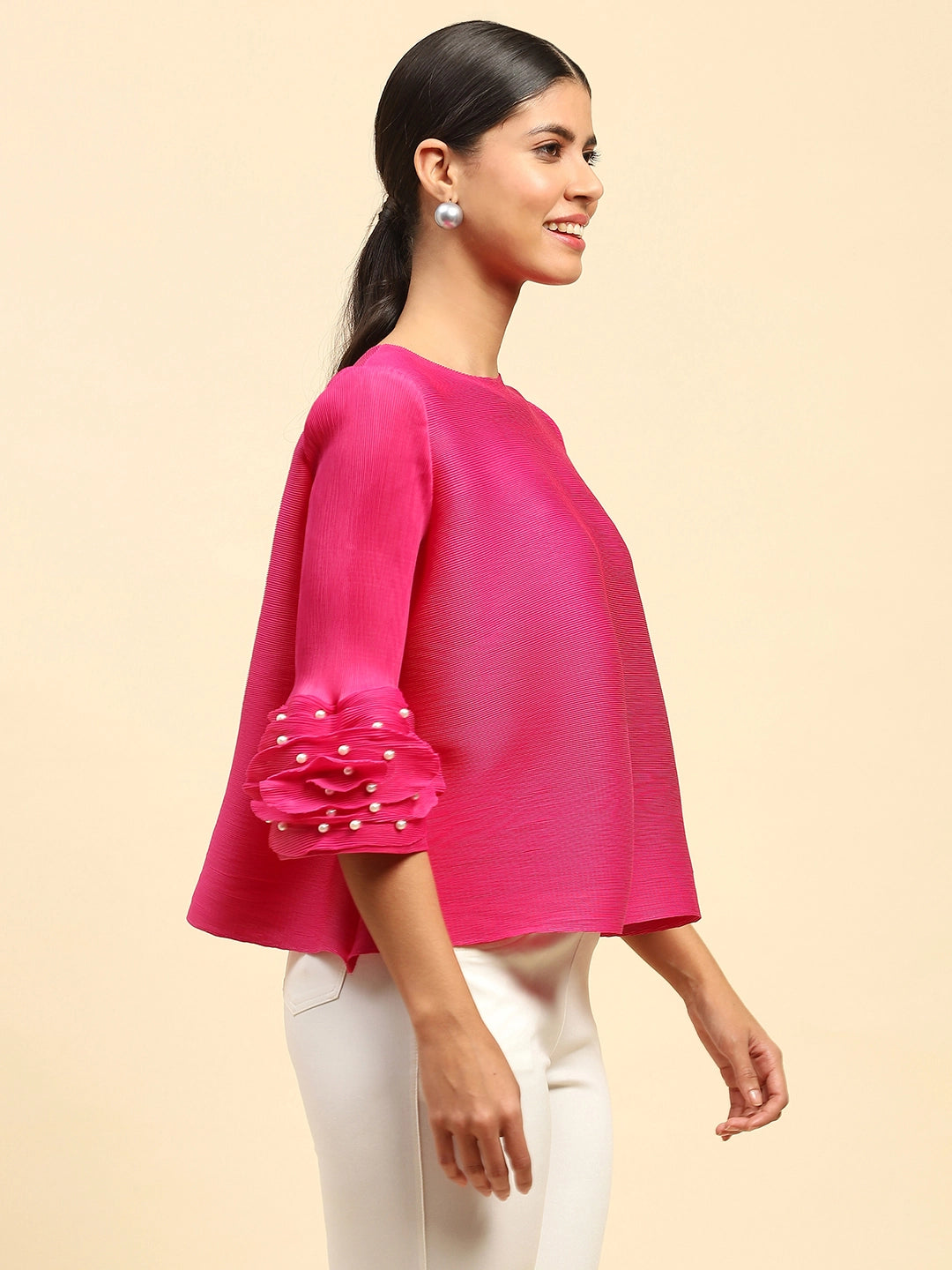 Fuchsia Solid Loose Fit Pleated Blouse - Global Republic