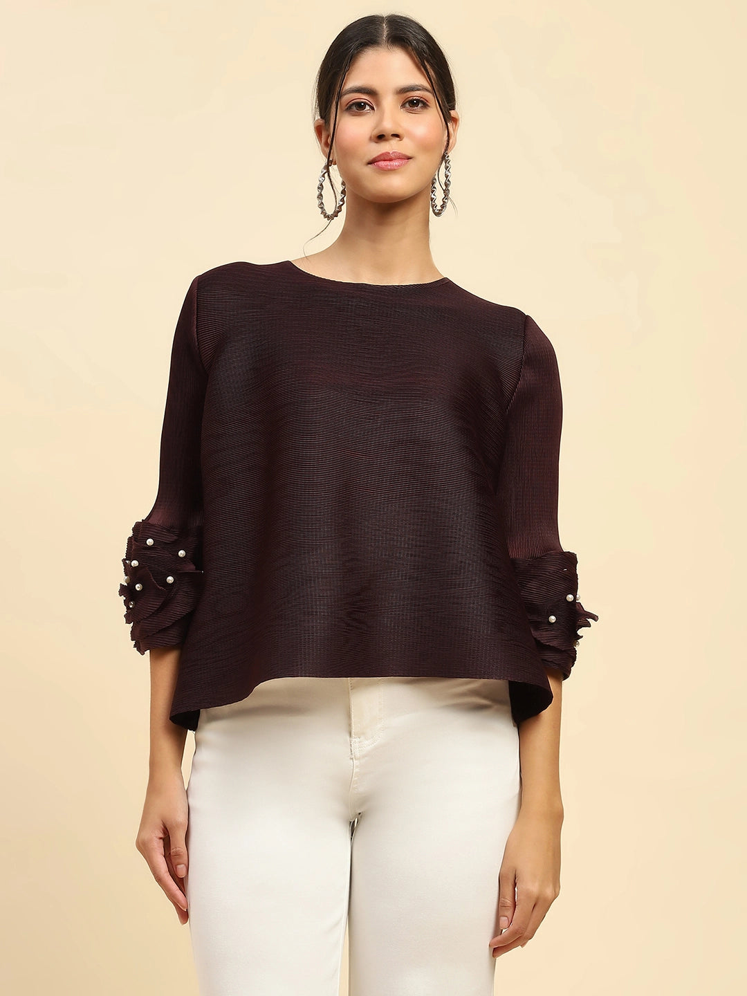 Wine Solid Loose Fit Pleated Blouse - Global Republic
