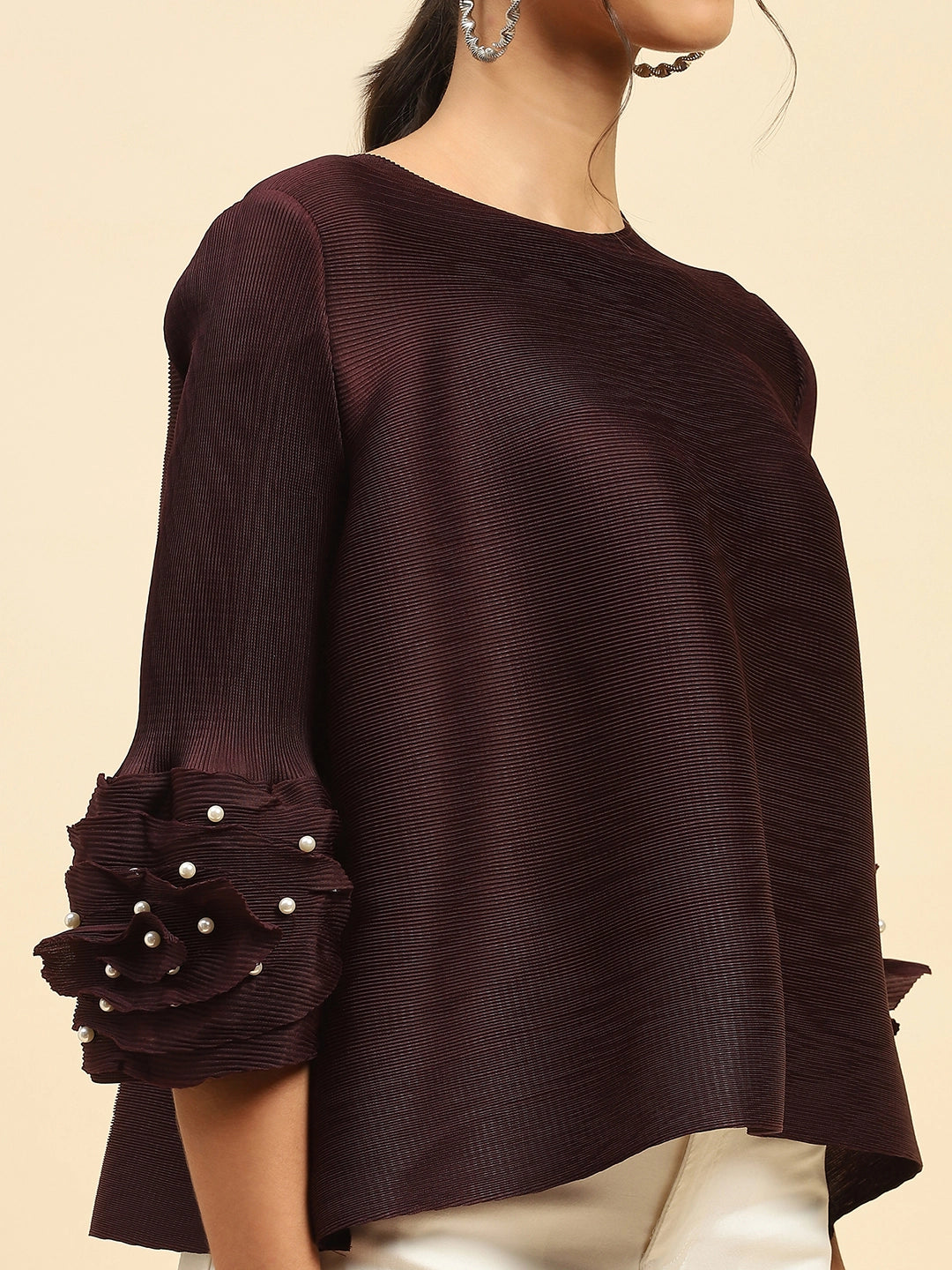 Wine Solid Loose Fit Pleated Blouse - Global Republic