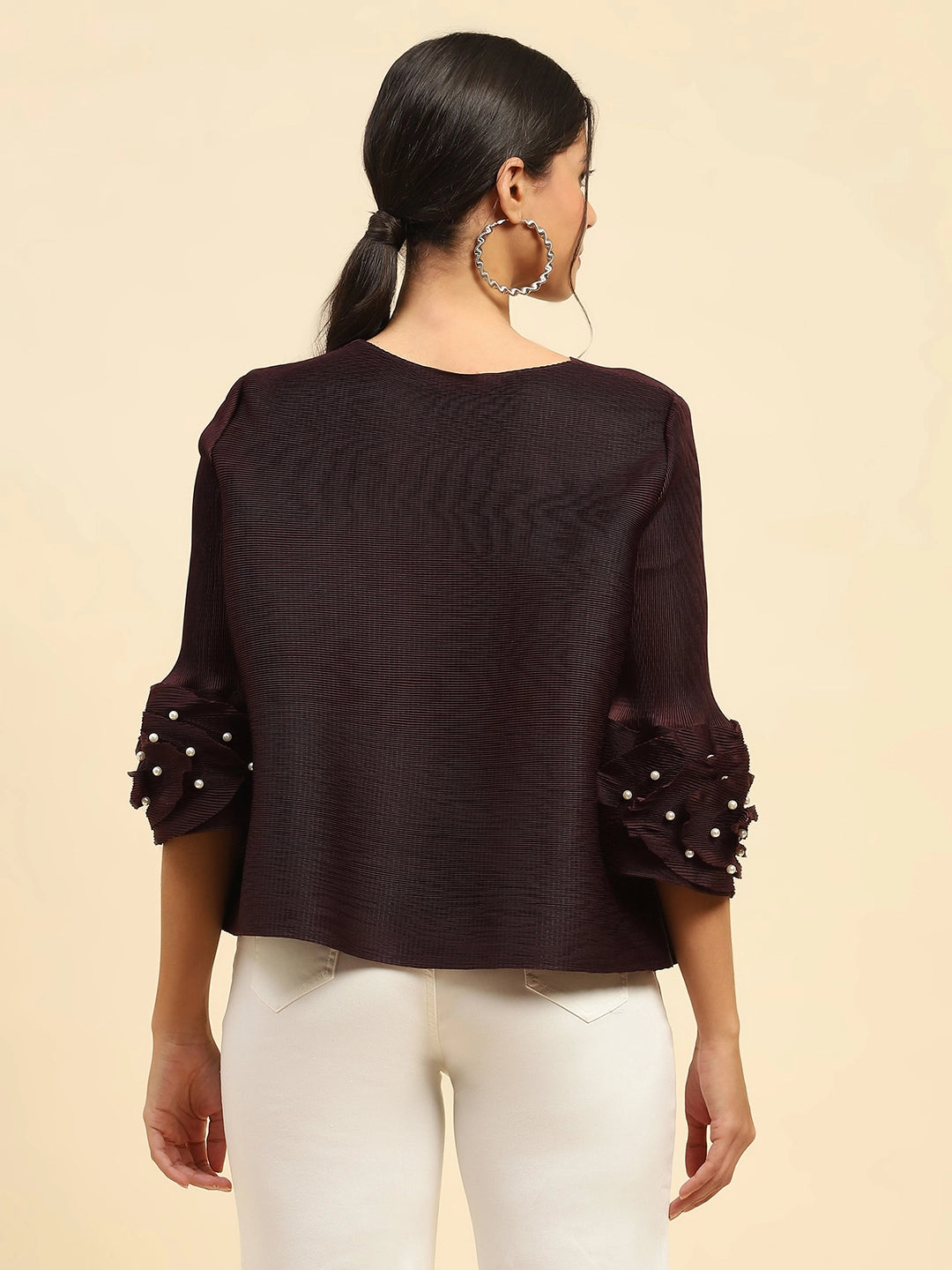 Wine Solid Loose Fit Pleated Blouse - Global Republic