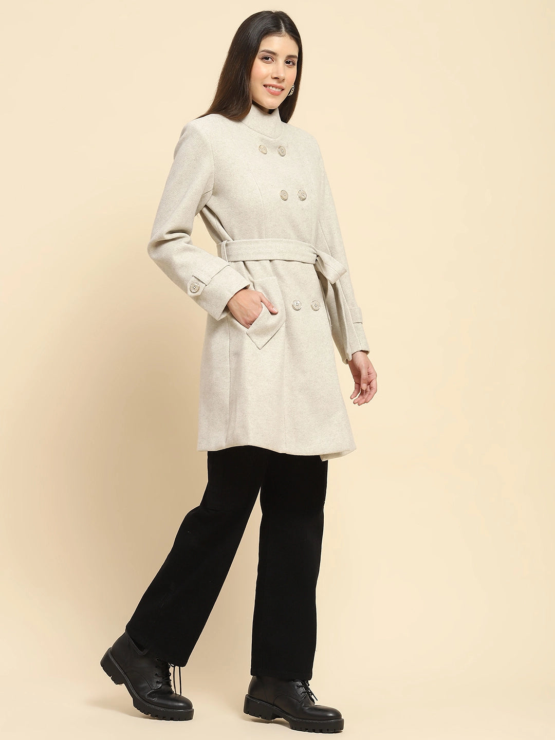 Beige Long Winter Coat - Global Republic