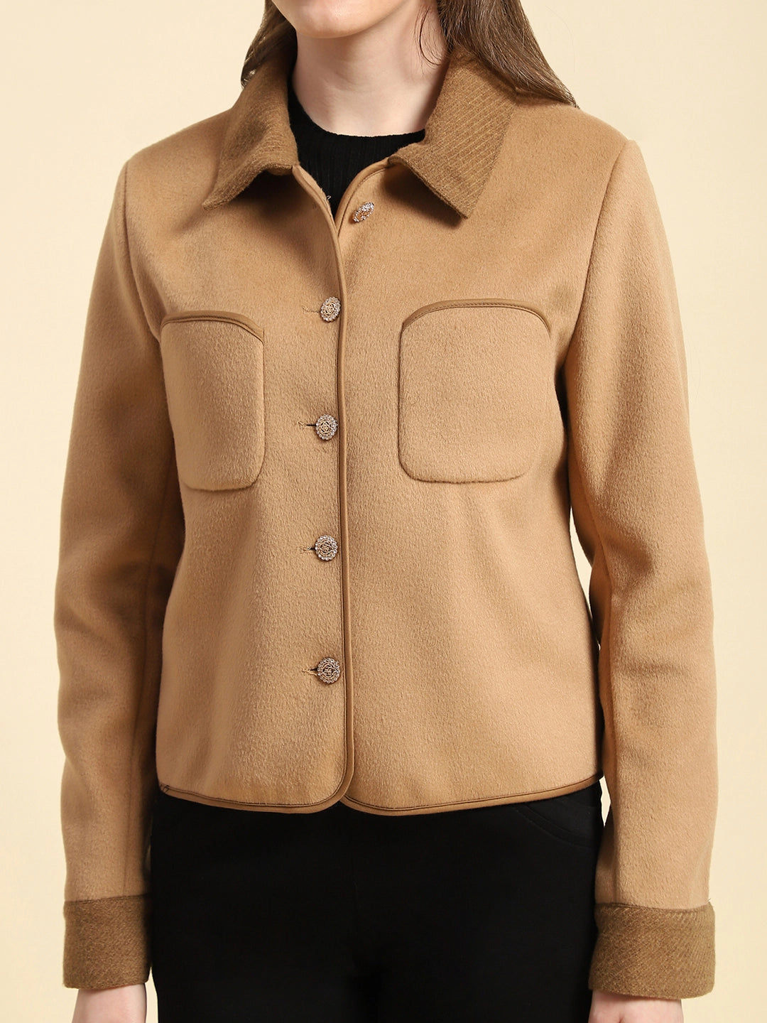 Camel Solid Viscose Winter Coat - Global Republic