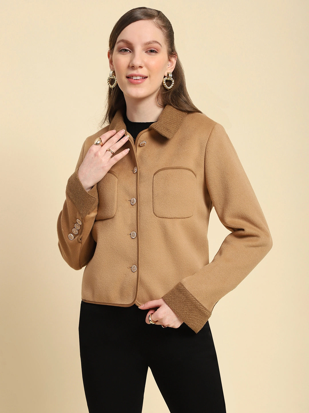 Camel Solid Viscose Winter Coat - Global Republic