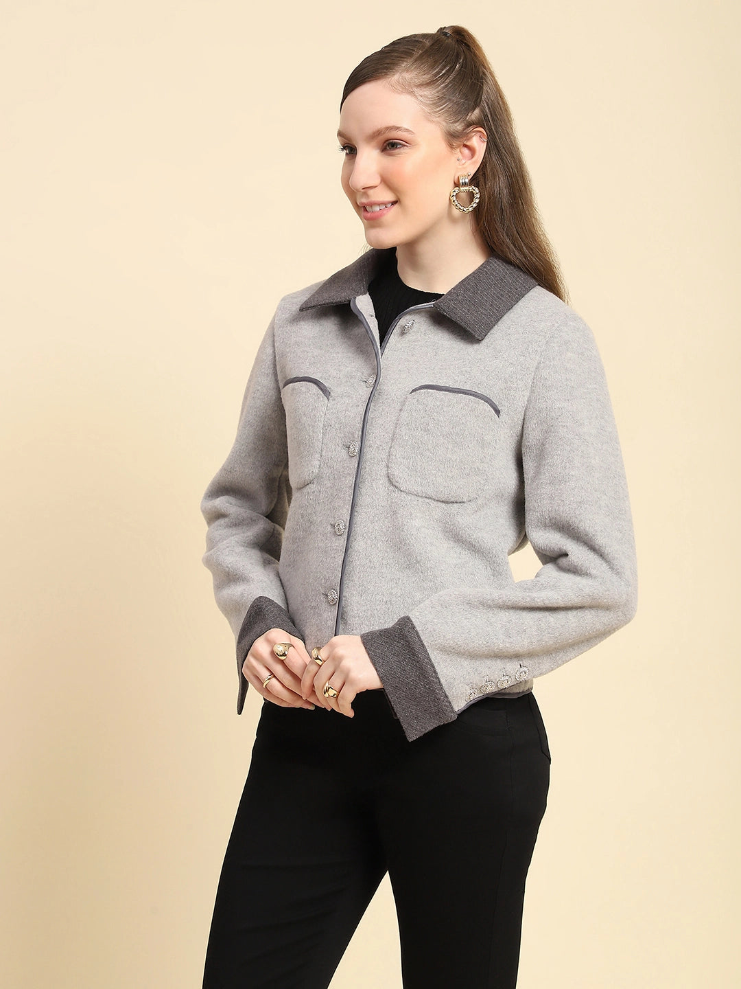 Grey Solid Viscose Winter Coat - Global Republic