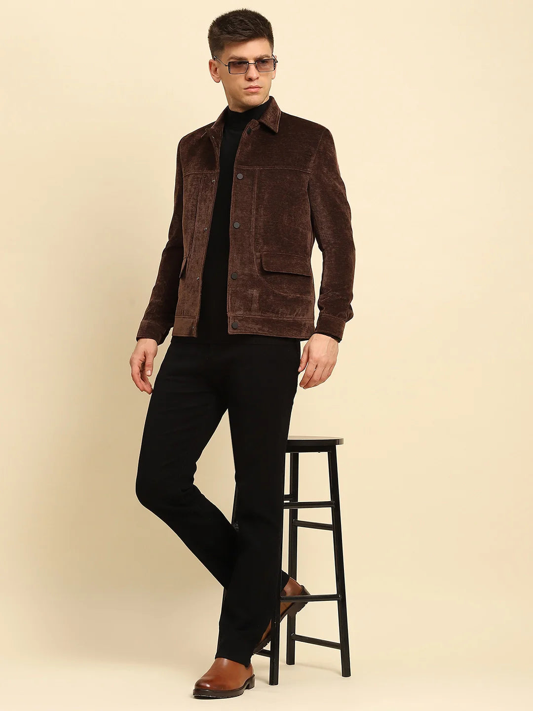 Brown Velvet Solid Jacket - Global Republic