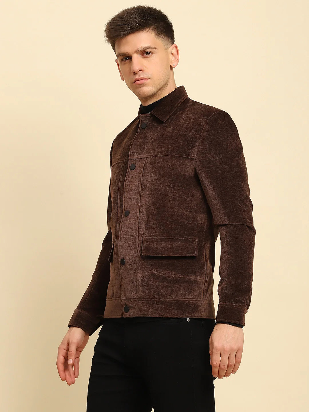 Brown Velvet Solid Jacket - Global Republic