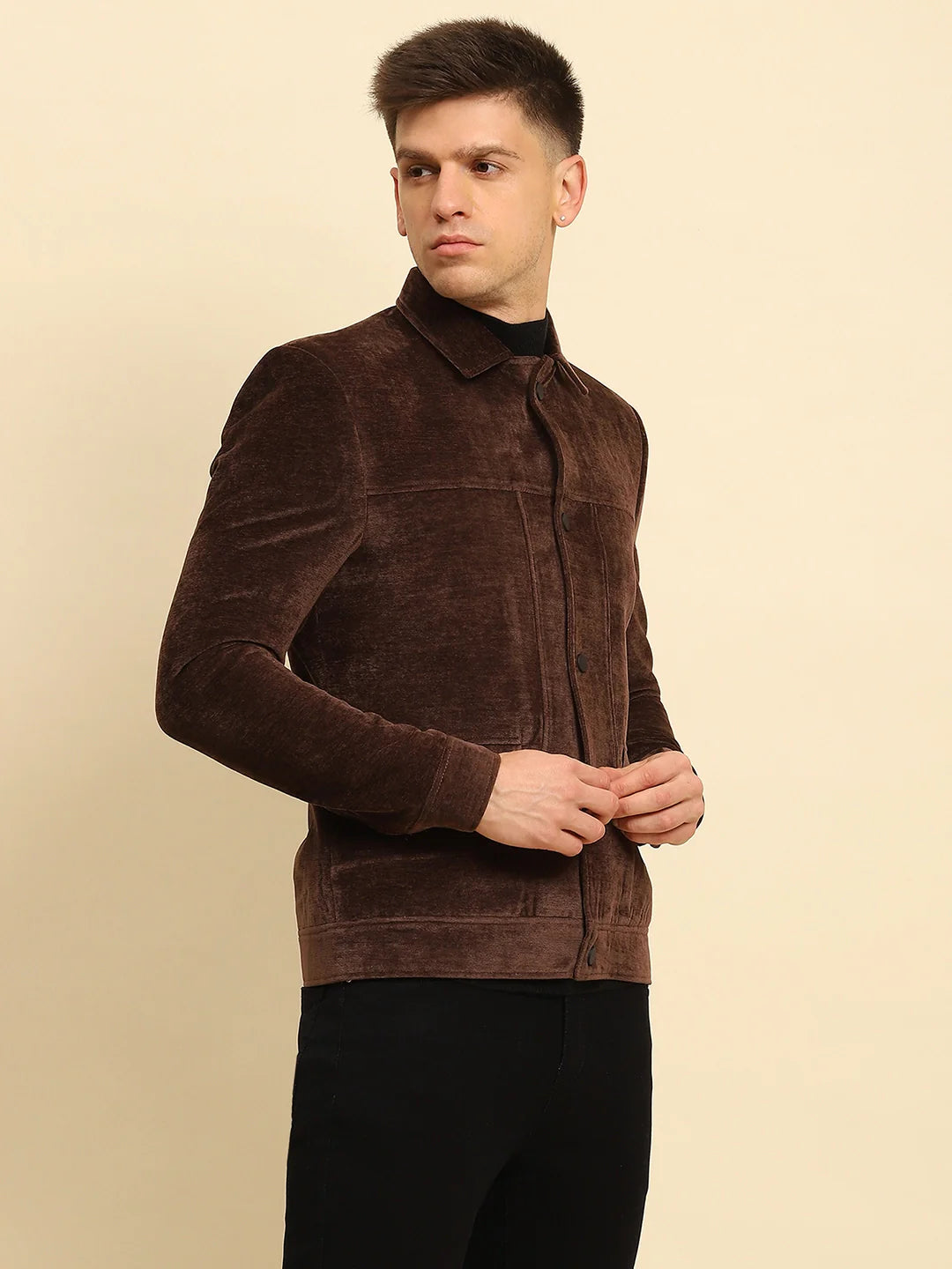 Brown Velvet Solid Jacket - Global Republic