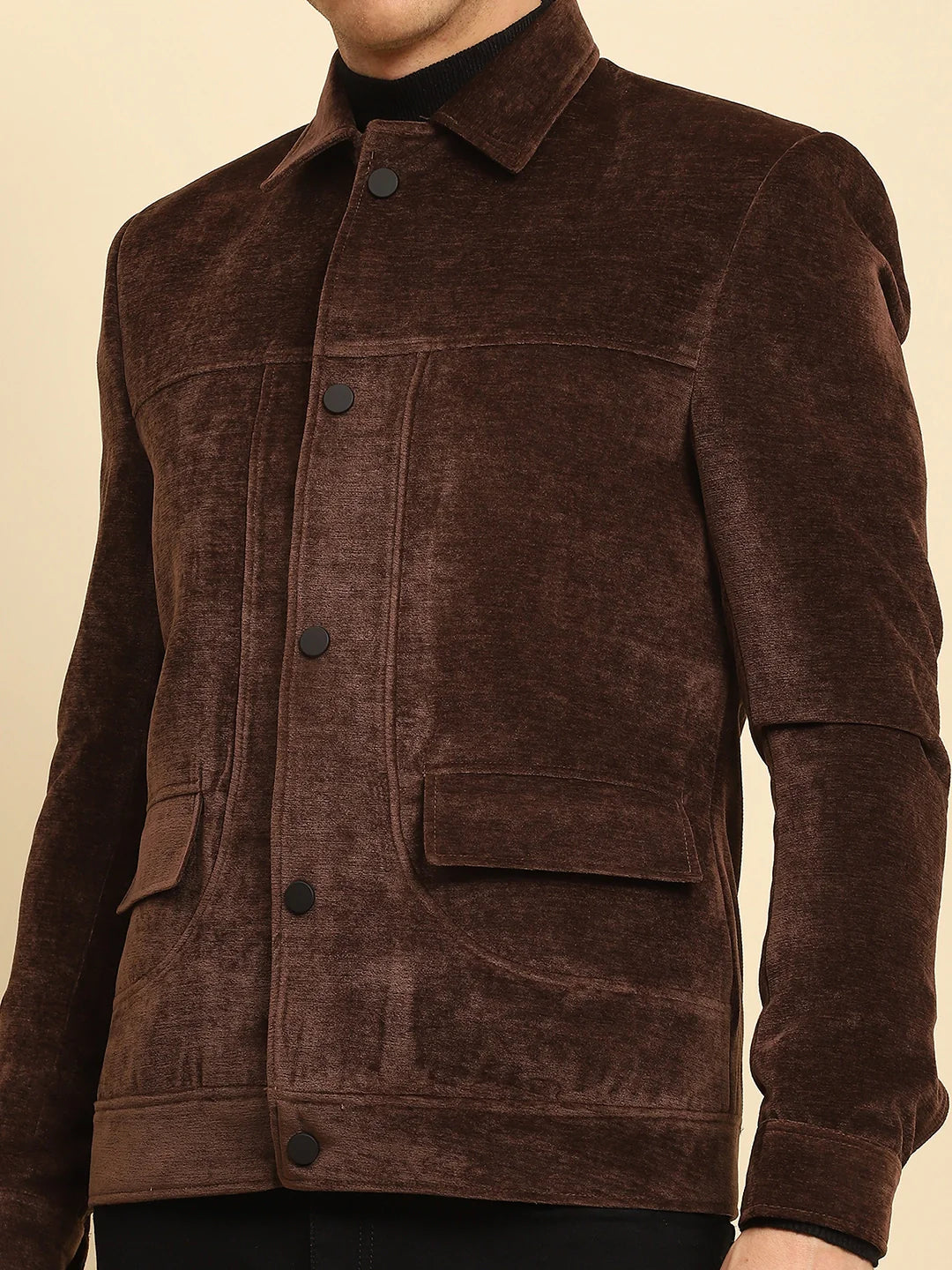 Brown Velvet Solid Jacket - Global Republic