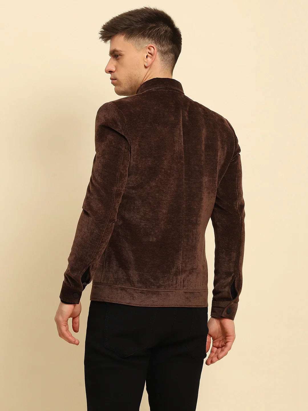 Brown Velvet Solid Jacket - Global Republic