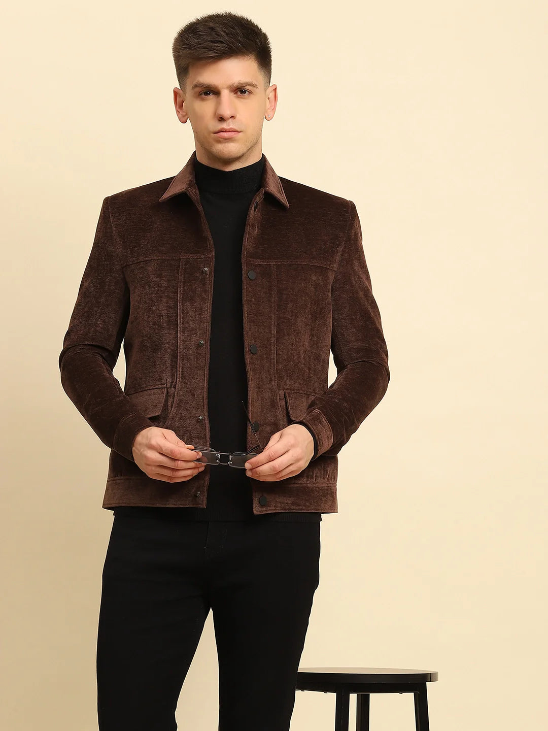 Brown Velvet Solid Jacket - Global Republic