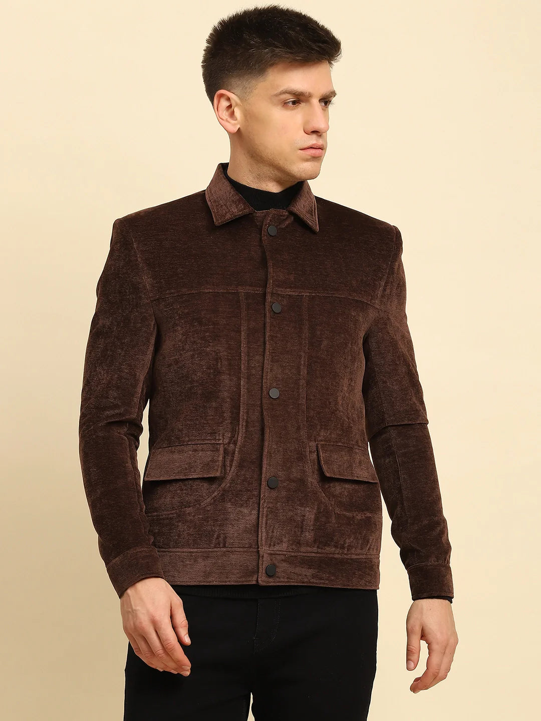 Brown Velvet Solid Jacket - Global Republic