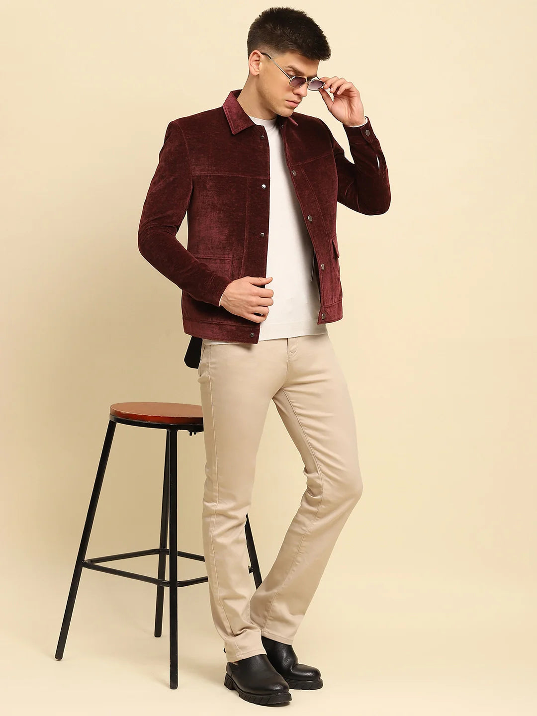 Maroon Velvet Solid Regular Fit Jacket - Global Republic