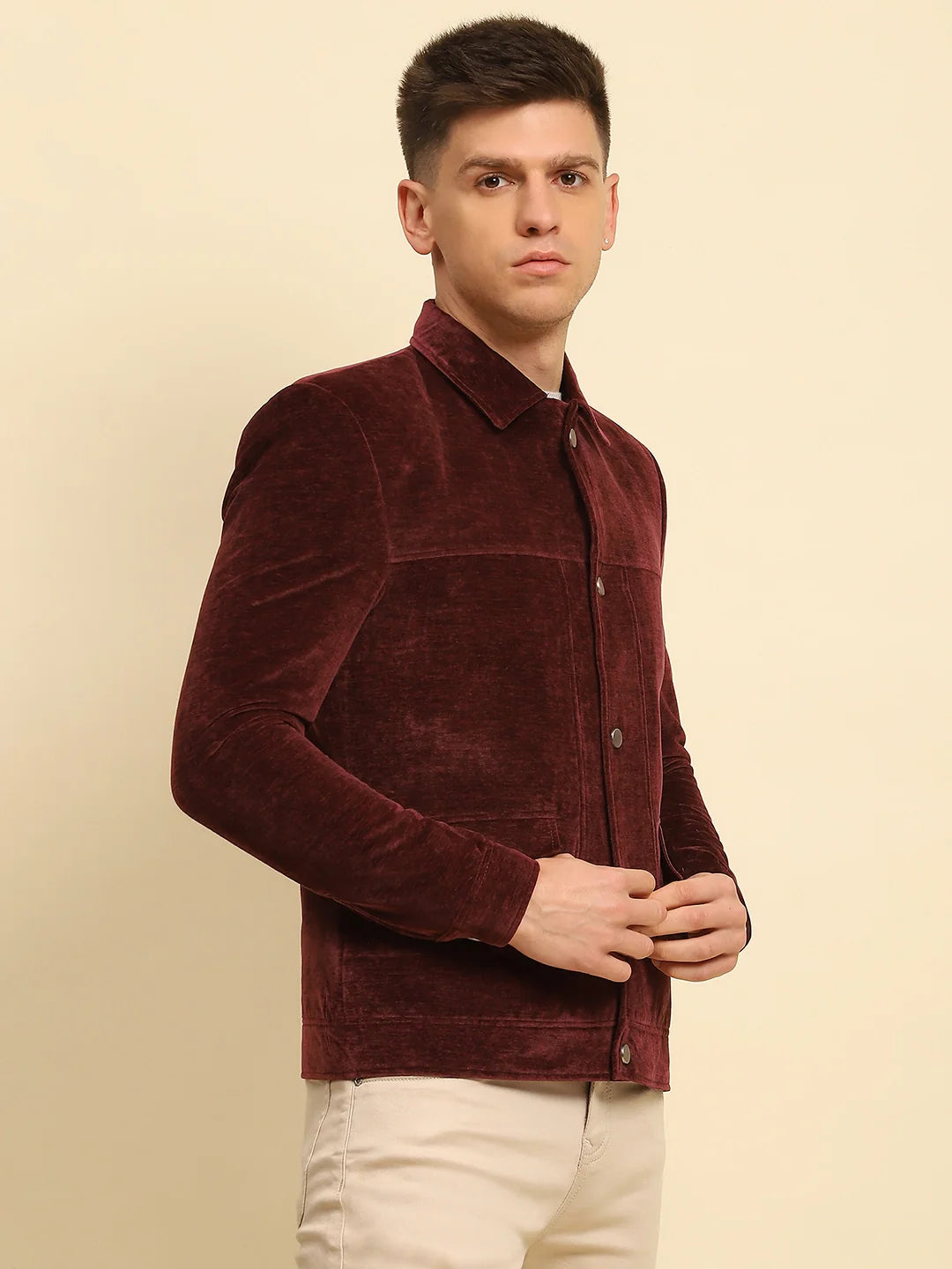 Maroon Velvet Solid Regular Fit Jacket - Global Republic
