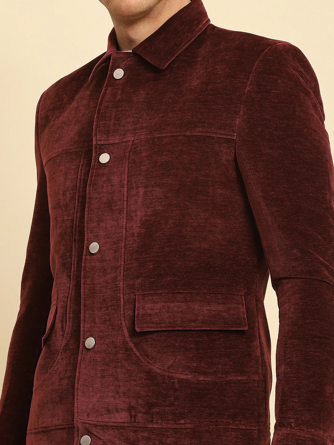 Maroon Velvet Solid Regular Fit Jacket - Global Republic
