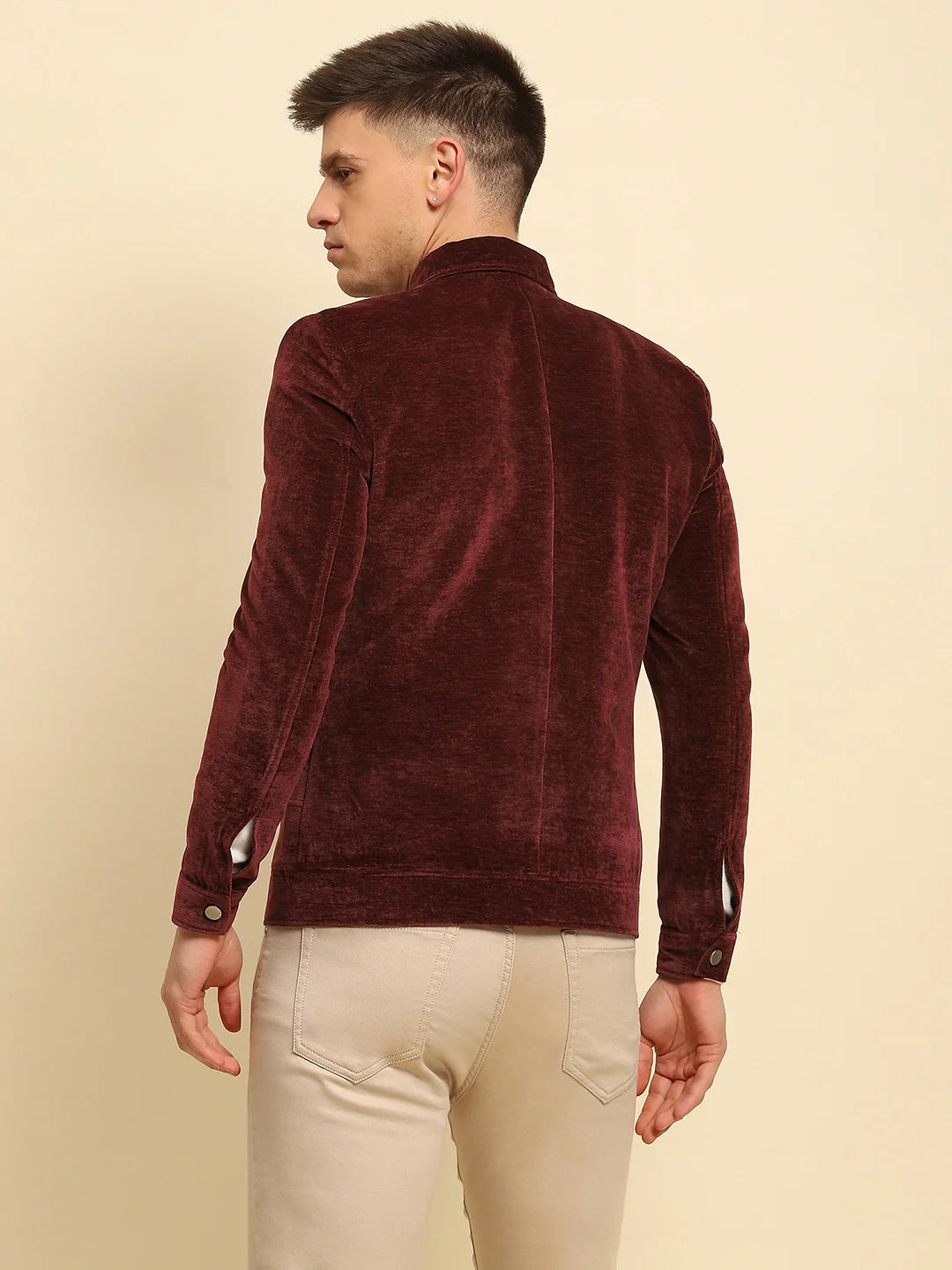 Maroon Velvet Solid Regular Fit Jacket - Global Republic