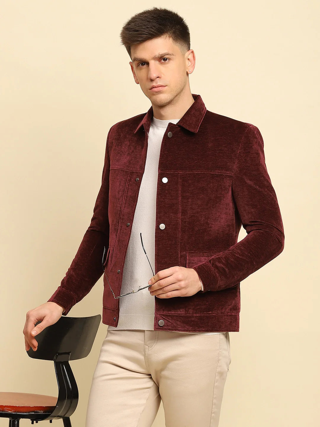 Maroon Velvet Solid Regular Fit Jacket - Global Republic