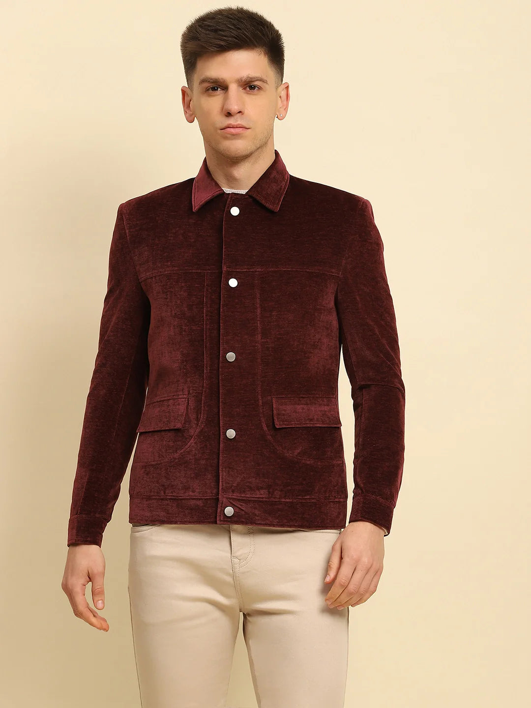 Maroon Velvet Solid Regular Fit Jacket - Global Republic