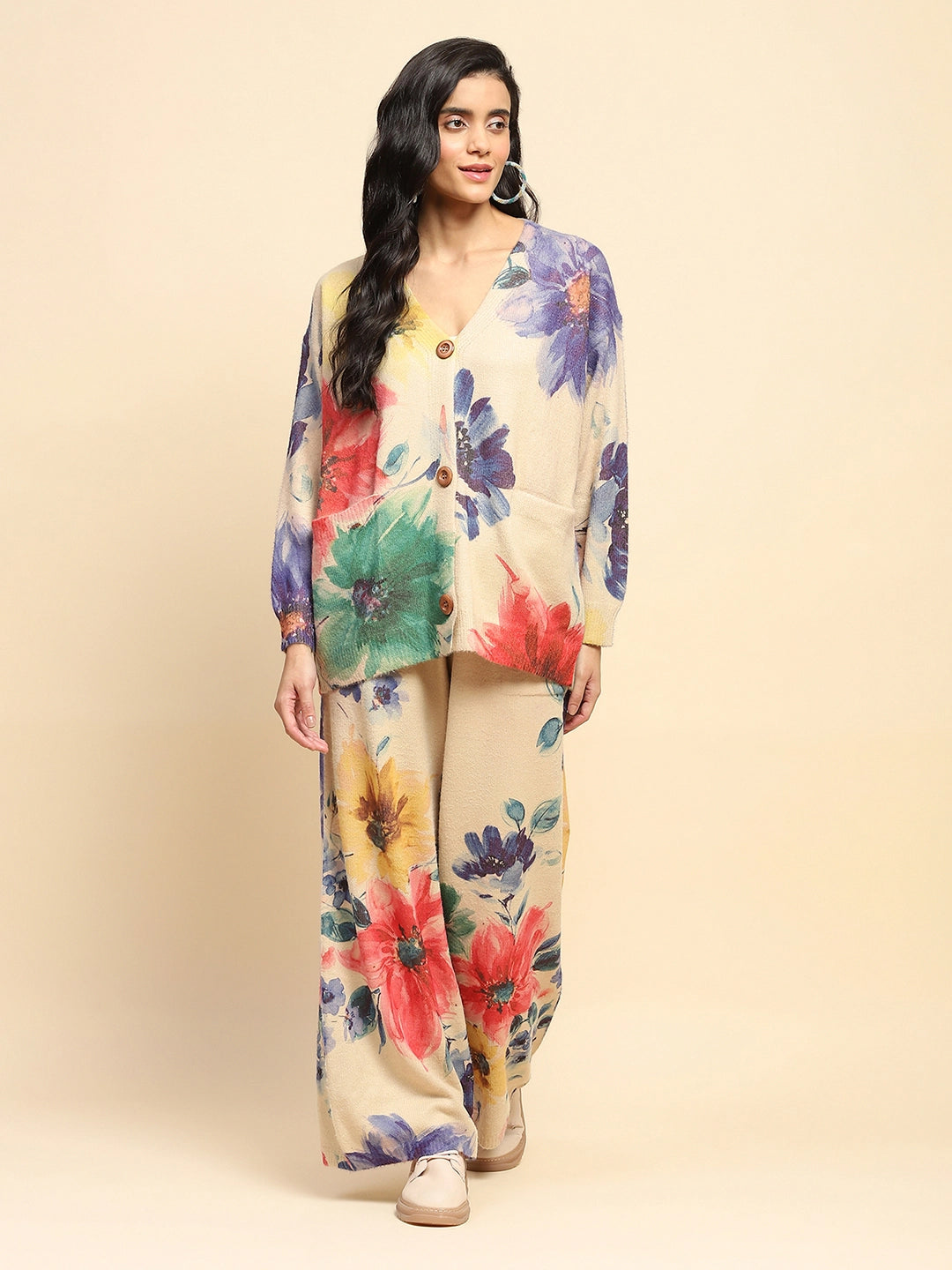 Beige Floral Loose Winter Co-ord Set - Global Republic