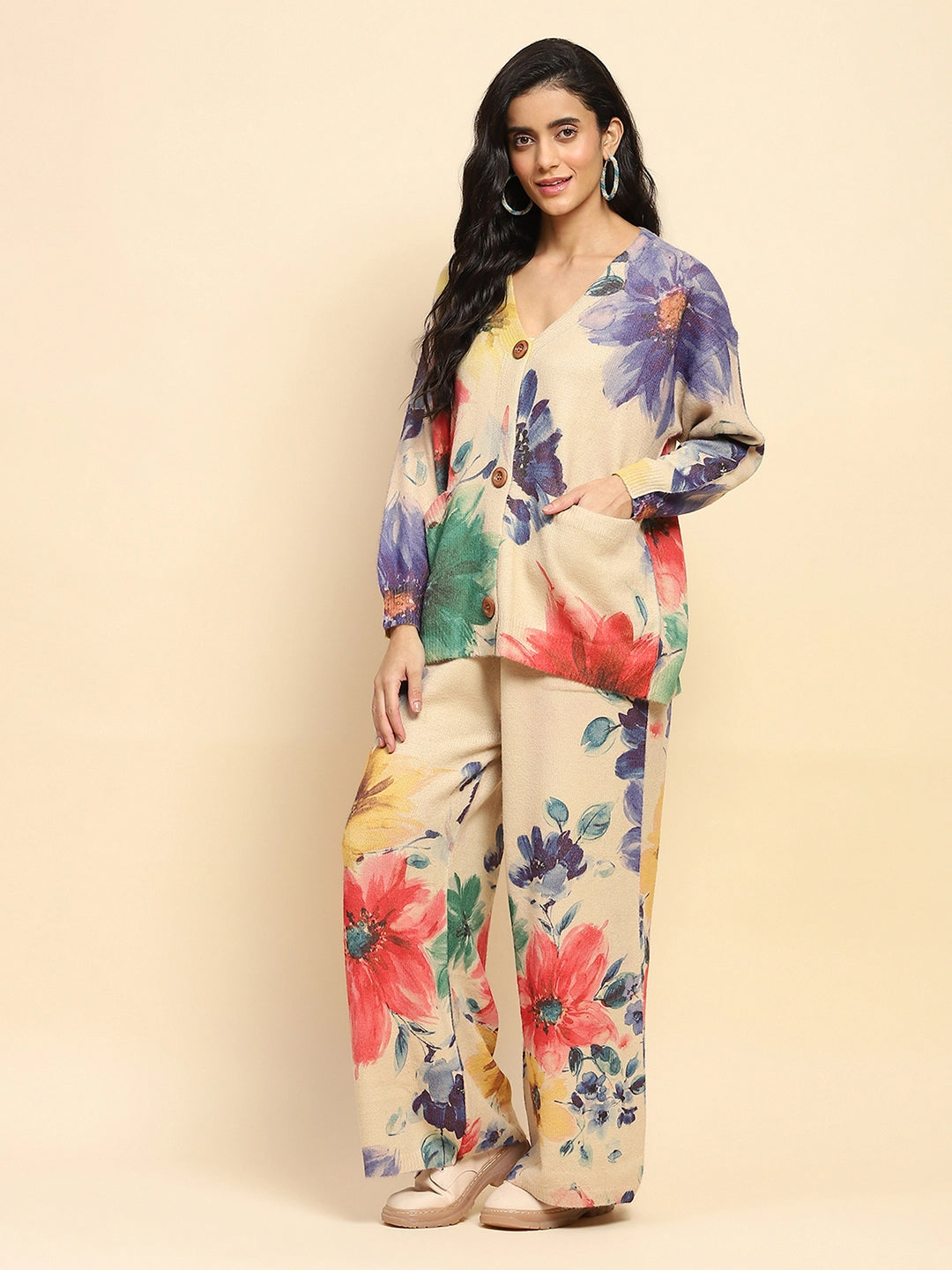 Beige Floral Loose Winter Co-ord Set - Global Republic