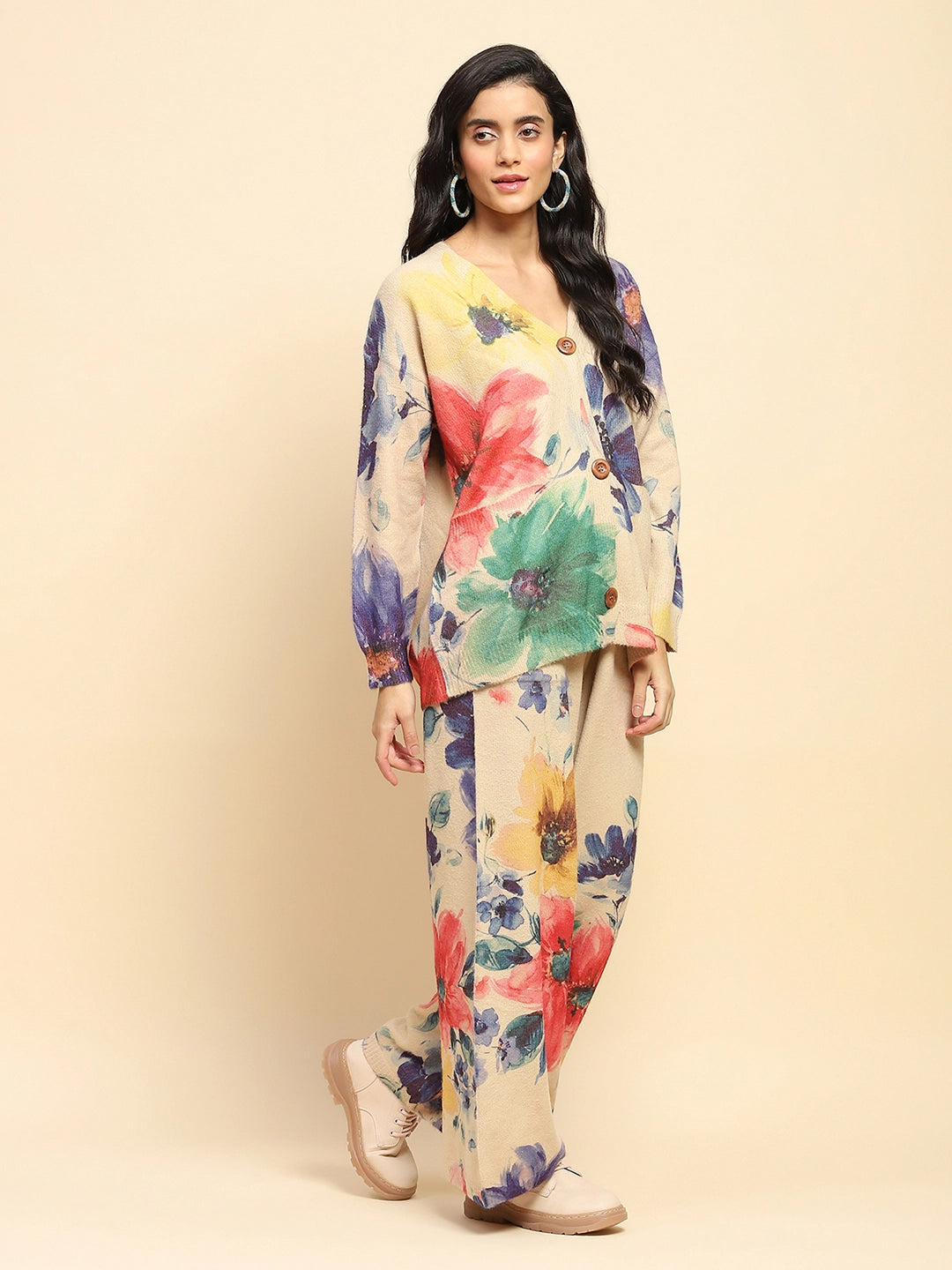 Beige Floral Loose Winter Co-ord Set - Global Republic