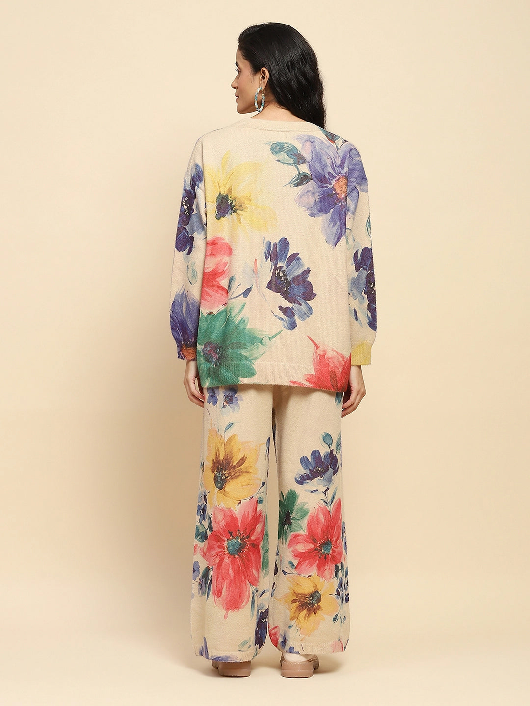 Beige Floral Loose Winter Co-ord Set - Global Republic