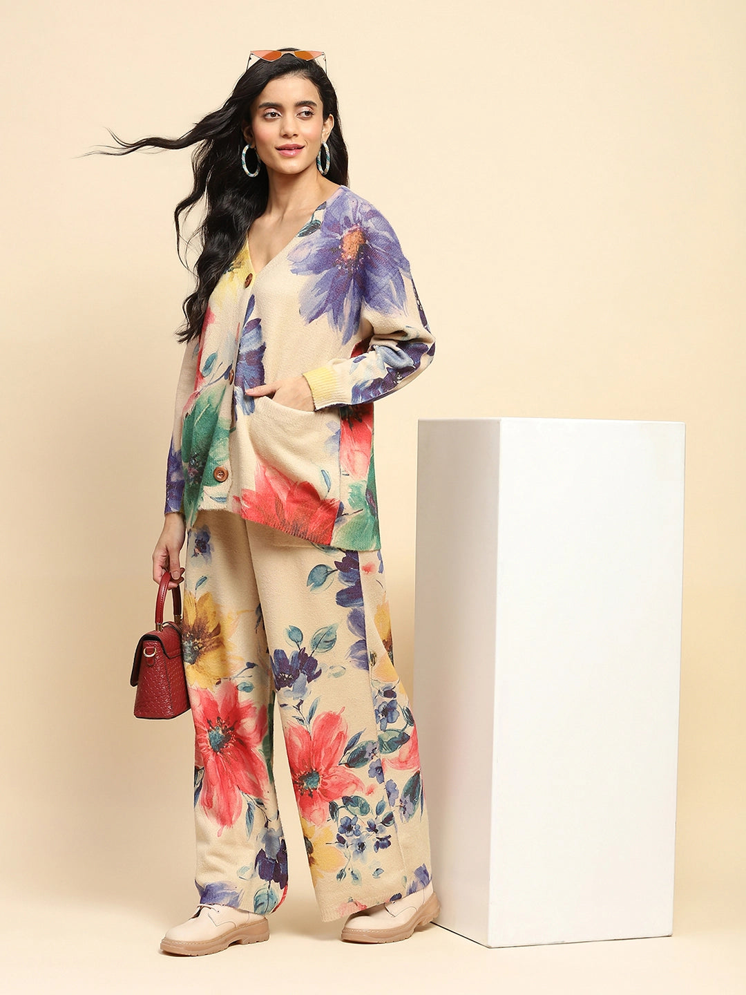 Beige Floral Loose Winter Co-ord Set - Global Republic