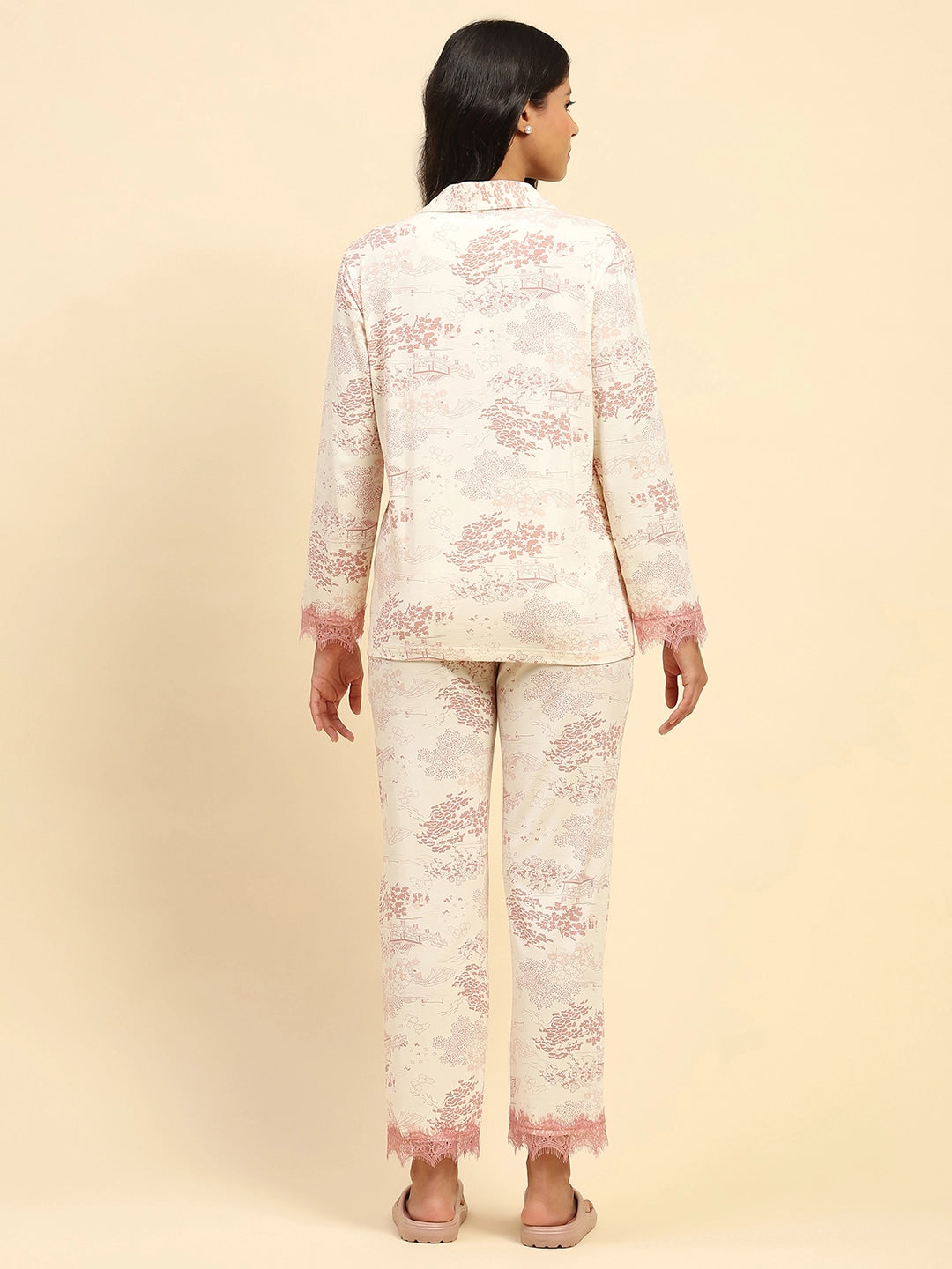 Blush Pink Floral Cotton Blend Relaxed Fit Night Suit - Global Republic