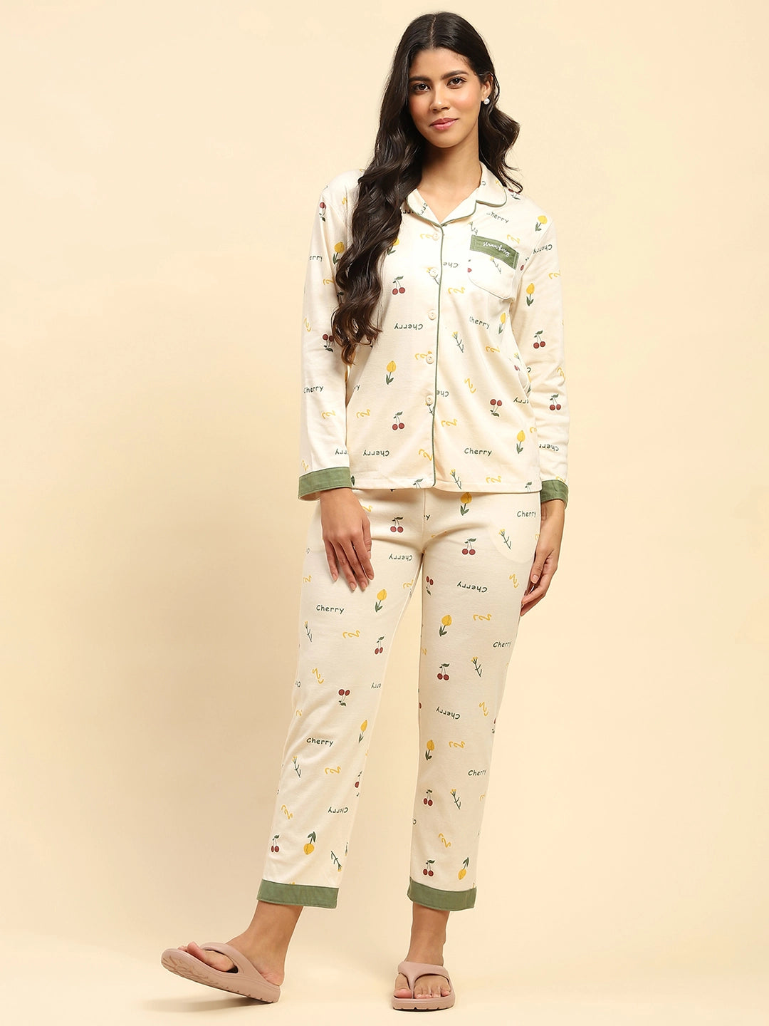 Cream Typography Cotton Blend Nightsuit - Global Republic