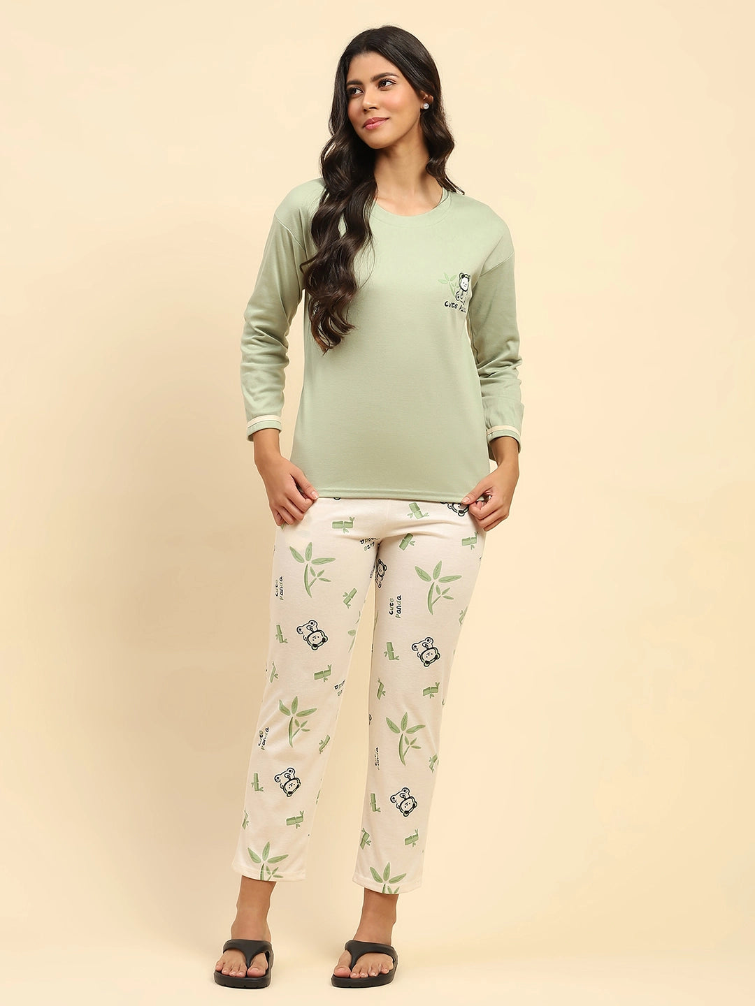 Green Teddy Print Cotton Nightsuit - Global Republic