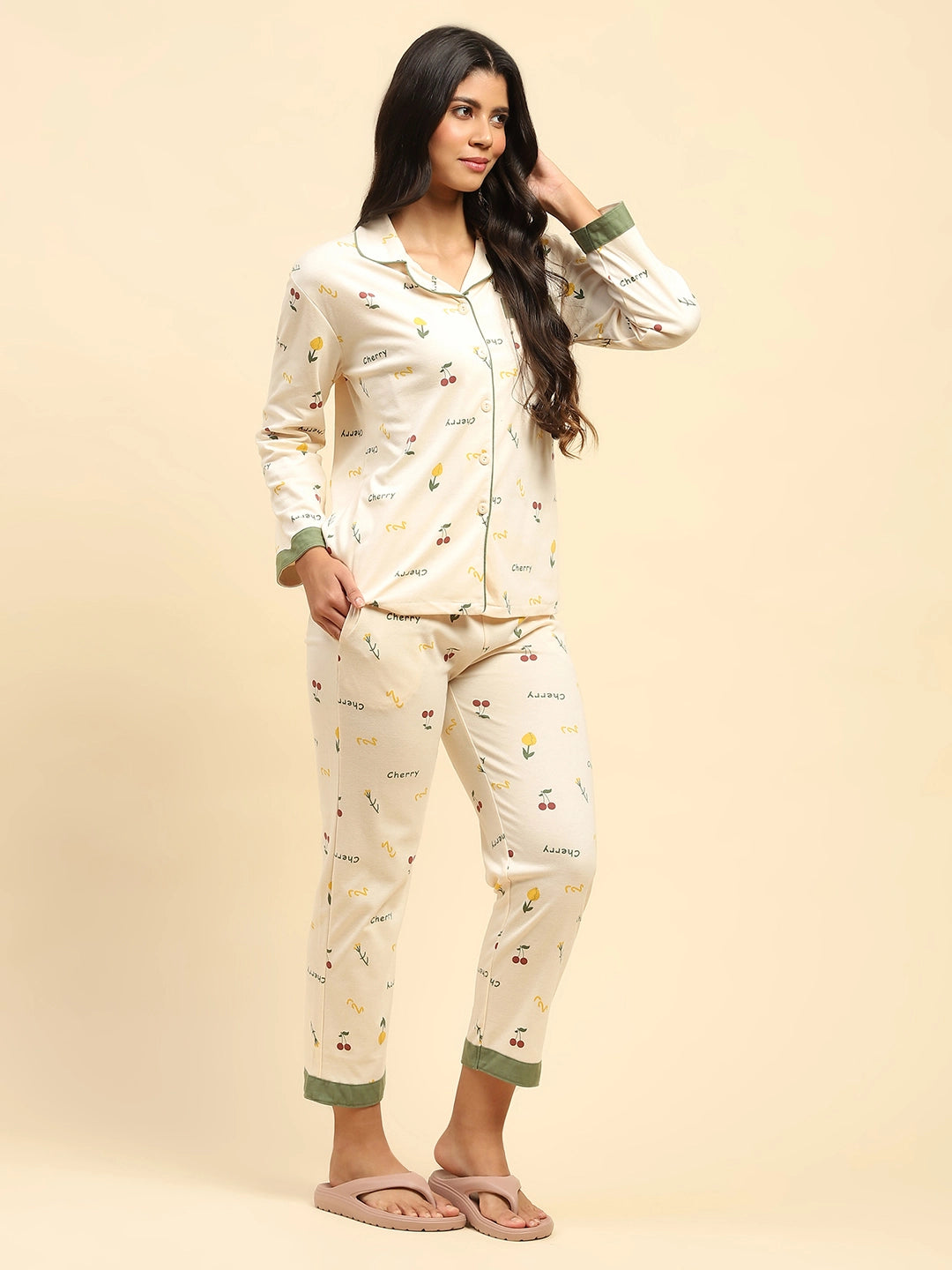 Cream Typography Cotton Blend Nightsuit - Global Republic
