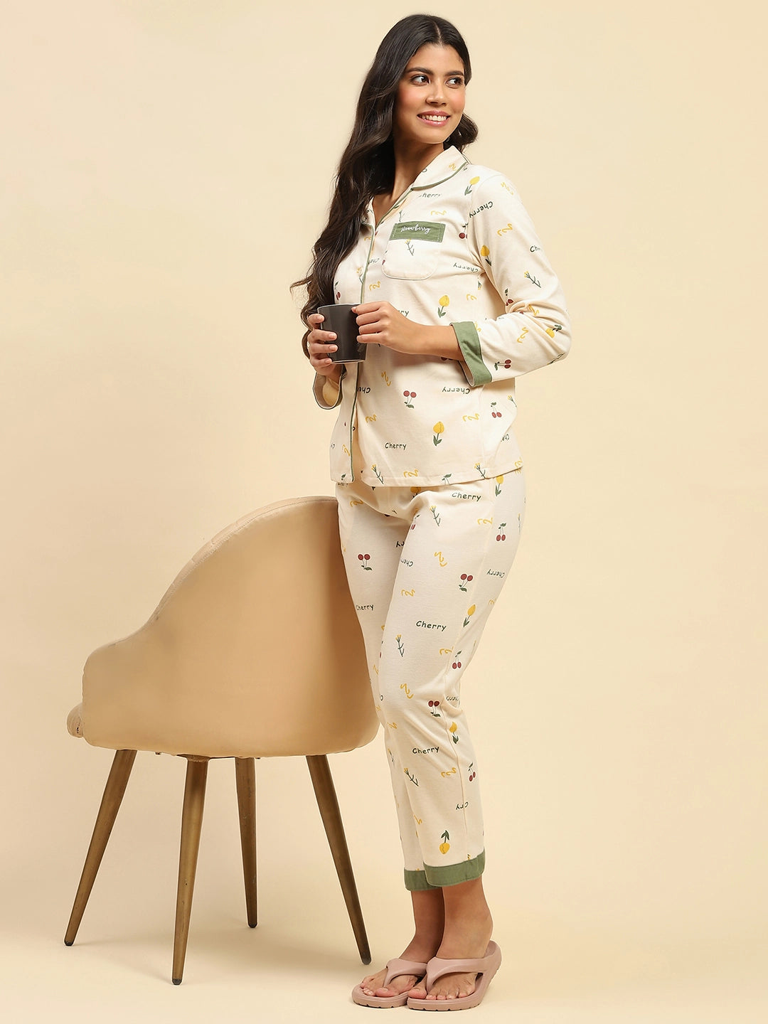 Cream Typography Cotton Blend Nightsuit - Global Republic