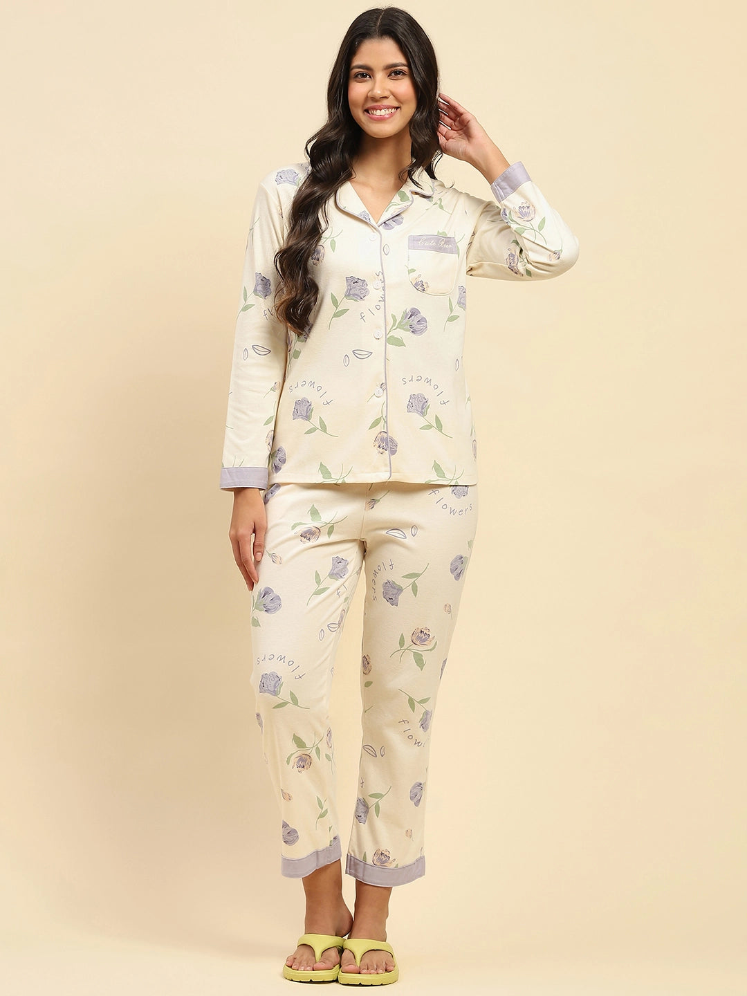 Cream Floral Cotton Blend Nightsuit - Global Republic