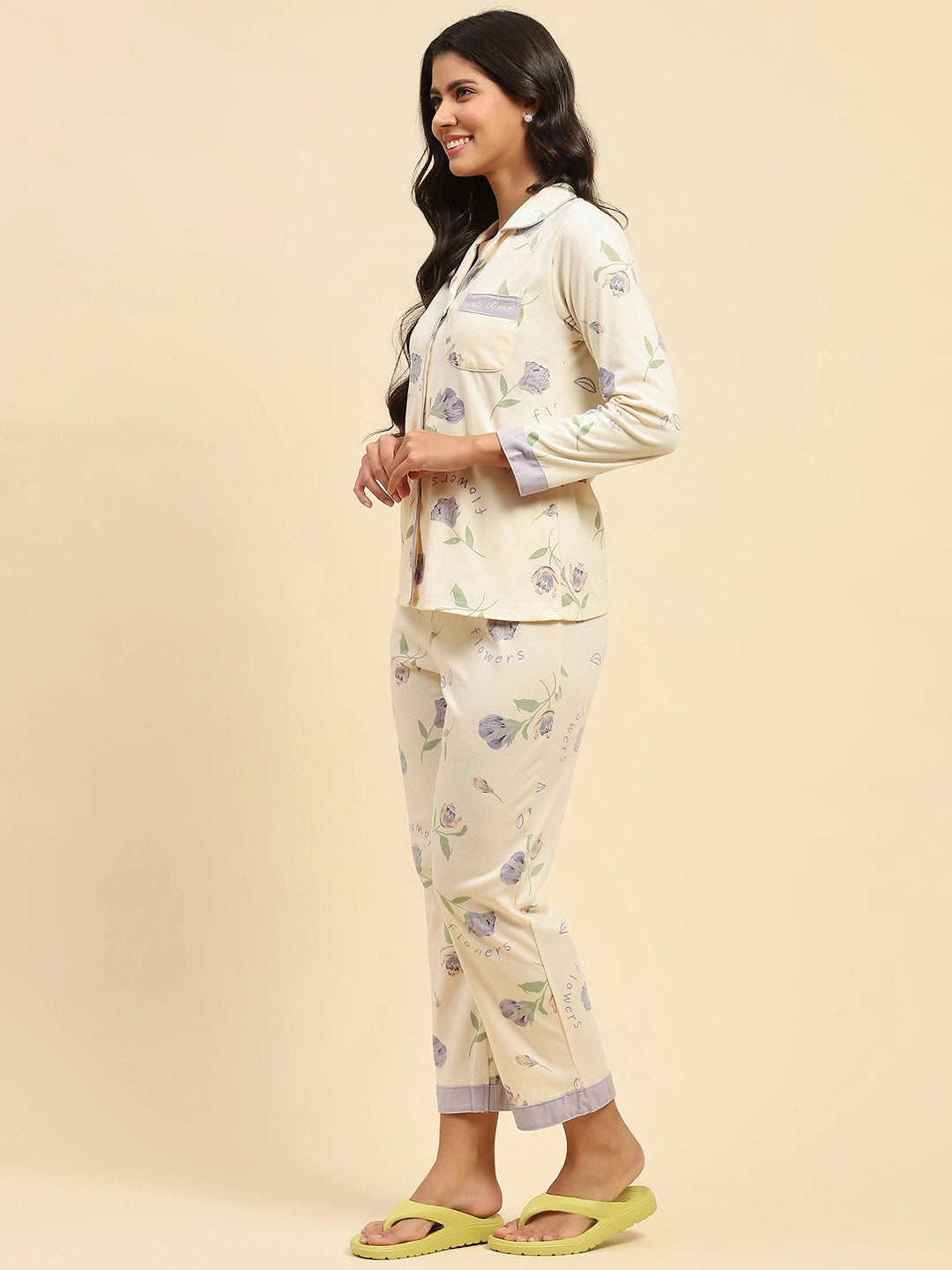 Cream Floral Cotton Blend Nightsuit - Global Republic