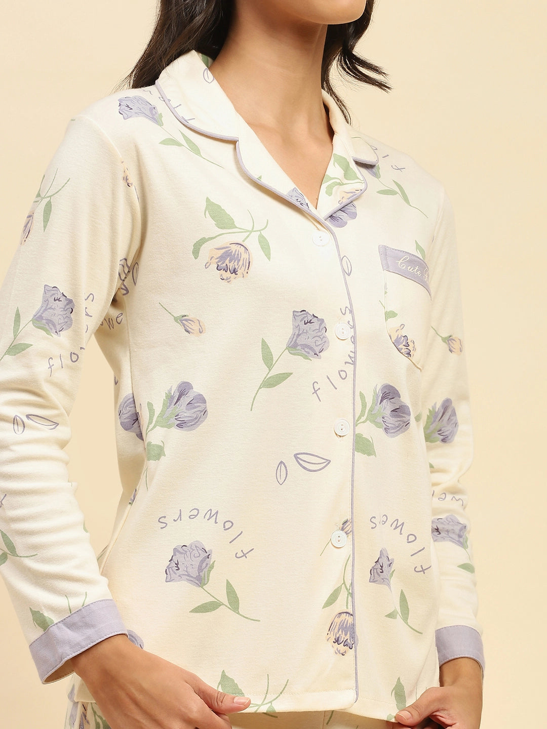 Cream Floral Cotton Blend Nightsuit - Global Republic