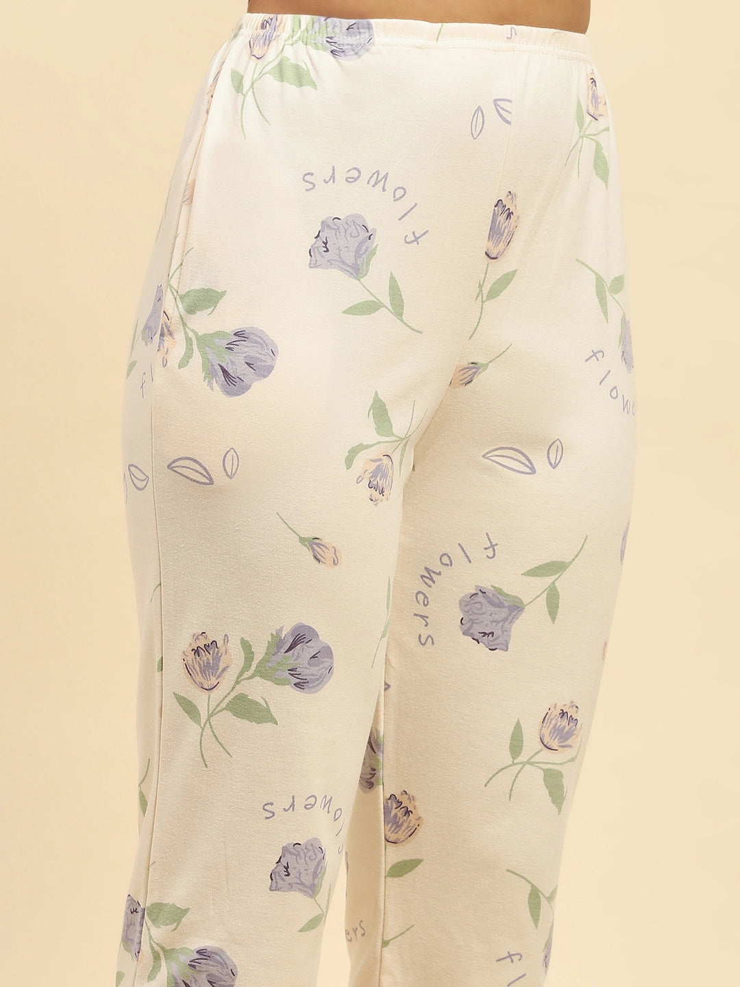 Cream Floral Cotton Blend Nightsuit - Global Republic