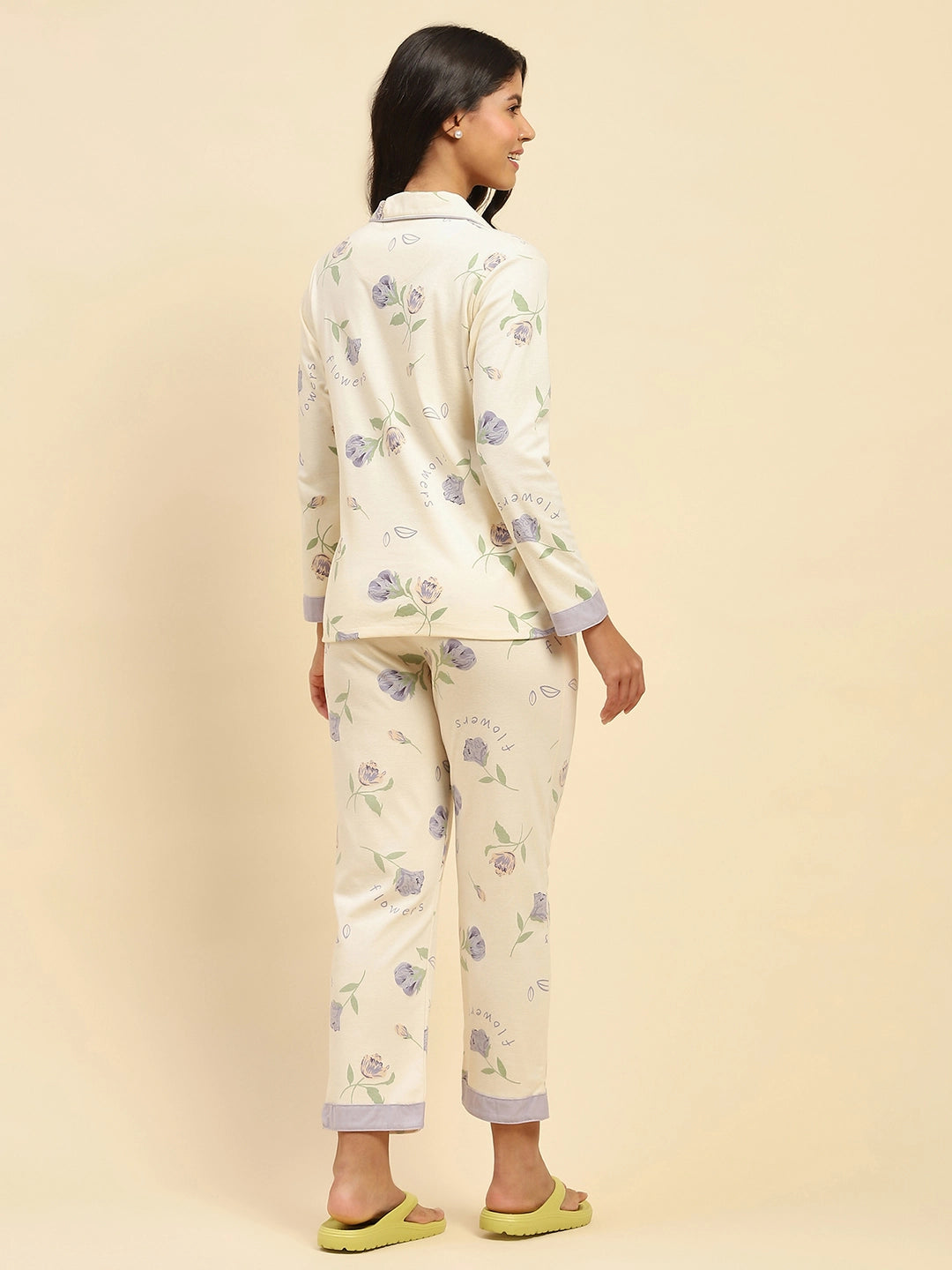 Cream Floral Cotton Blend Nightsuit - Global Republic