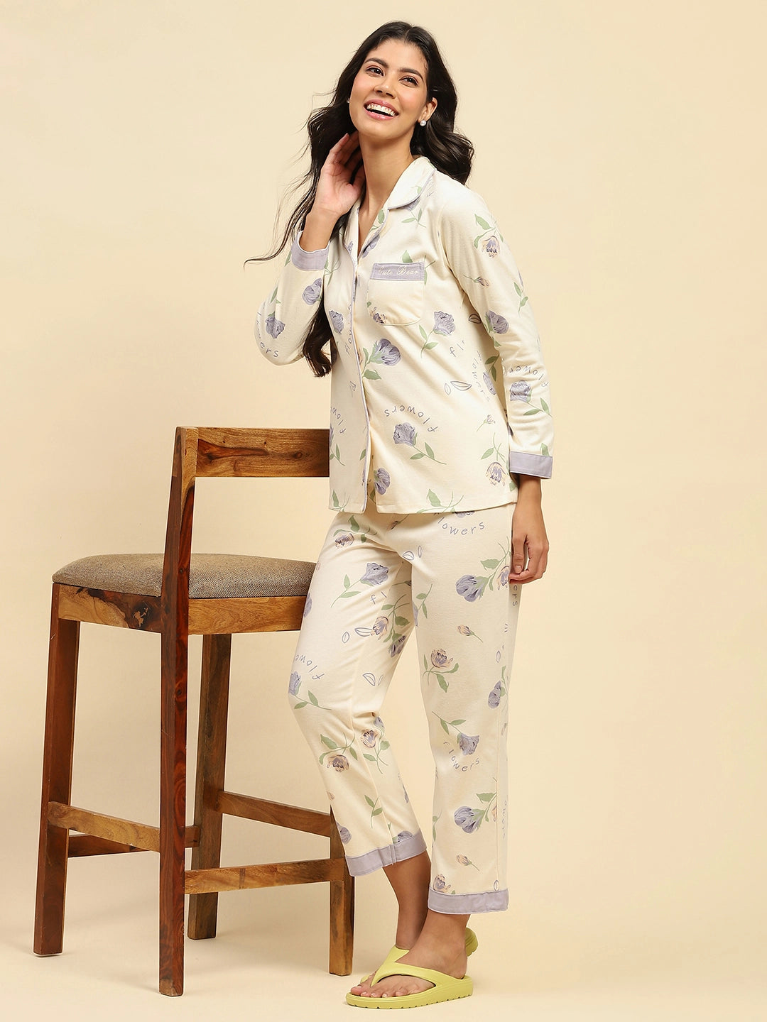 Cream Floral Cotton Blend Nightsuit - Global Republic
