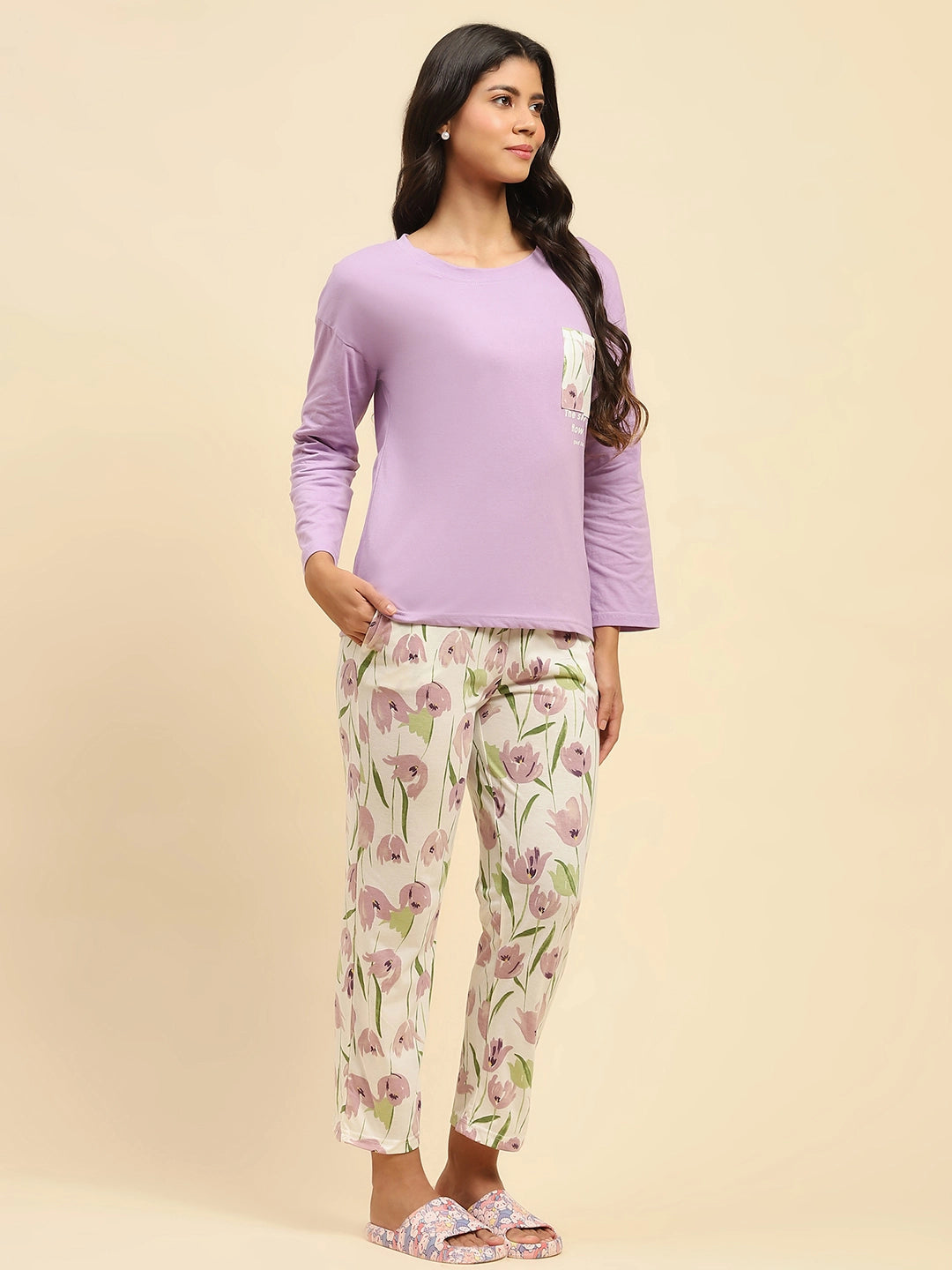 Lavender Floral Cotton Nightsuit - Global Republic