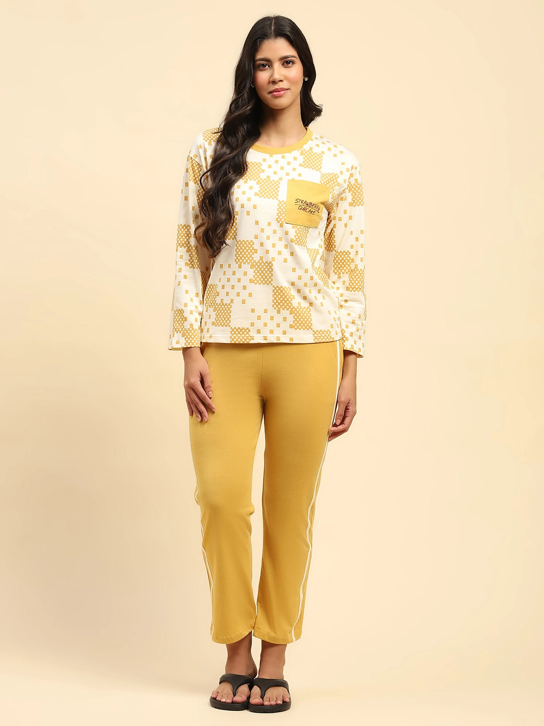Mustard Geometric Print Cotton Nightsuit - Global Republic