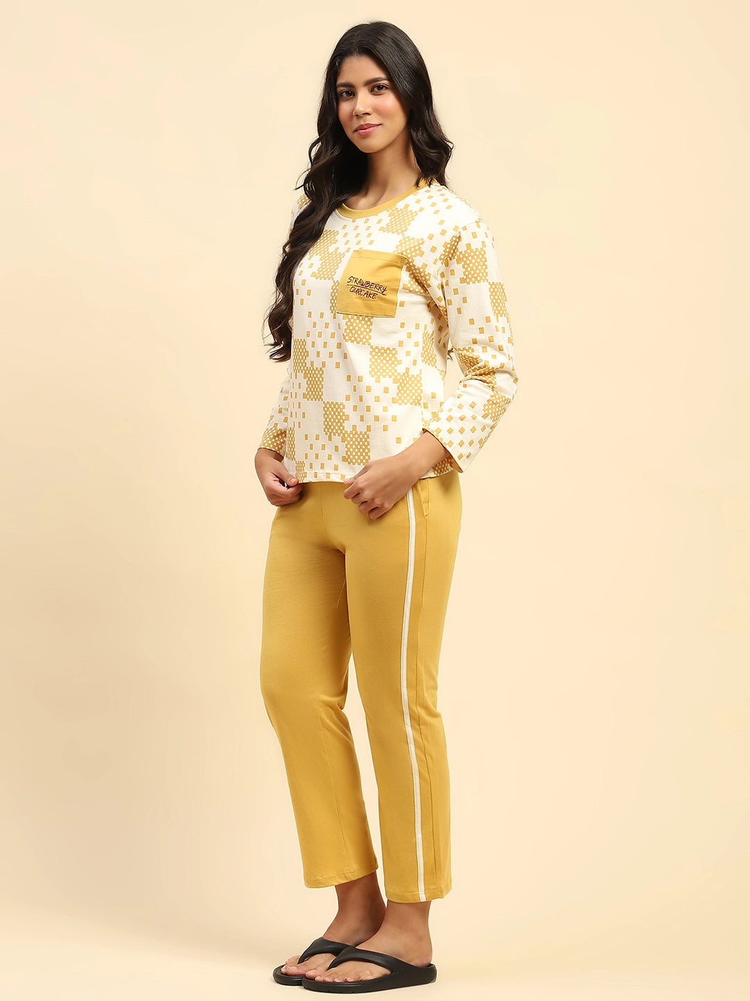 Mustard Geometric Print Cotton Nightsuit - Global Republic